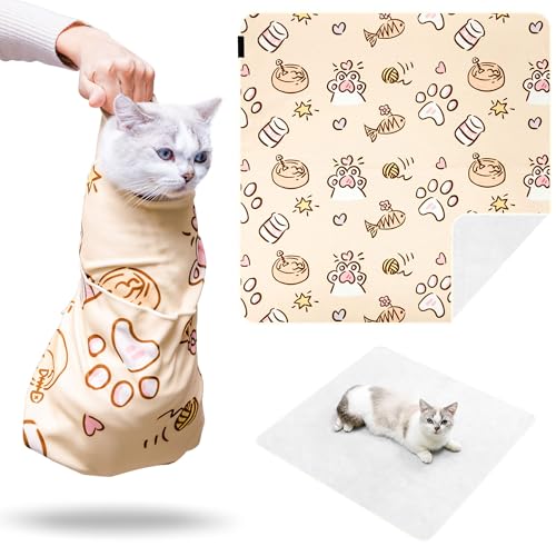 35.5 Extra Large Cat Grooming Wrap Soft Self-Stick Cat Burrito Restraint Blanket Grippy Cloth for Large Cats & Small Dogs Medicine Nail Clipping Ear Cleaning Teeth Brushing Anti-Scratch Anti-Escape