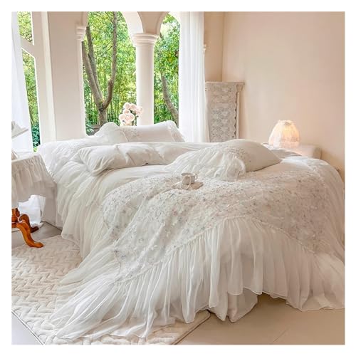 Juego de funda de edredón de forro polar de terciopelo con volantes de encaje de flores, faldón de cama, sábanas, fundas de almohada, juego de ropa de cama para boda francesa (un color, 2 m, 4 piezas)