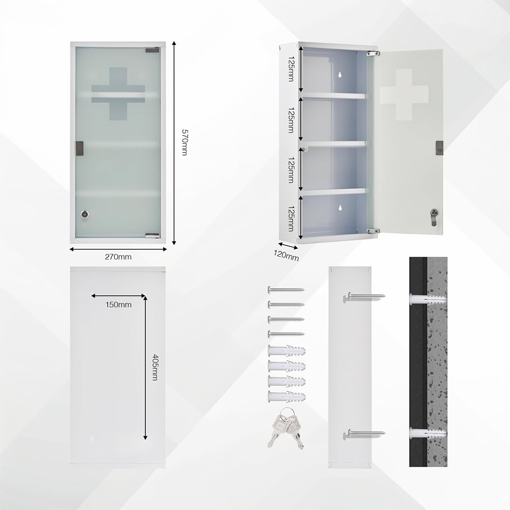 Zedelmaier Medizinschrank aus Edelstahl,Medikamenten Aufbewahrung,Medikamentenschrank 4 Fächer,Apothekerschrank,Badezimmerschrank,Hängend,Abschließbarer Medizinschrank,57 x 27 x 12 cm,Weiß