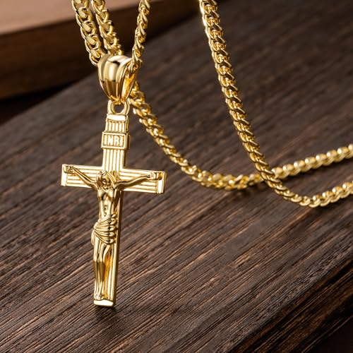 Gold Cross Necklace for Men 14K Gold Cross Necklace for Men Crosses Chain Necklaces for Mens Paired with 4.3mm Cuban Chain Crucifix Pendant Mens Crosses Necklaces 20/22/24in3