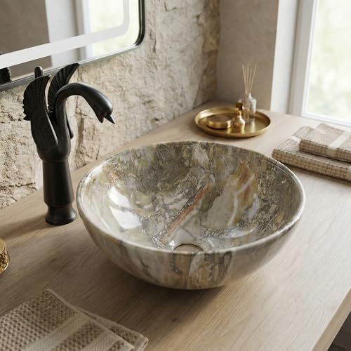 Image of InArt Ceramic Premium Designer Table Top /Over Counter /Vessel Sink Above counter top Wash Basin for Bathroom 13 x 13 x 5 Inch In Round Shape (Green Marble)