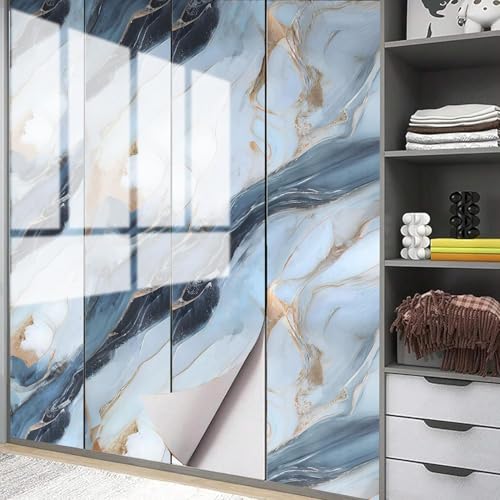 Image of TEKCOOL 60CM X 200CM Kitchen Wallpaper Oil Proof,Waterproof self-Adhesive Wall Stickers for Kitchen Anti-Mold and Heat Resistant Aluminium Backsplash Wallpaper (Blue White-4pc)