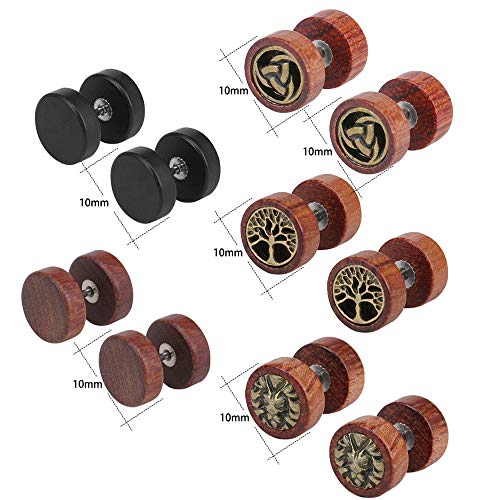 Natural Wood Stainless Steel Stud Earrings Set Tree Of Life/Lion Round Screwed Punk Earrings For Women (5 Pairs) #TOP1