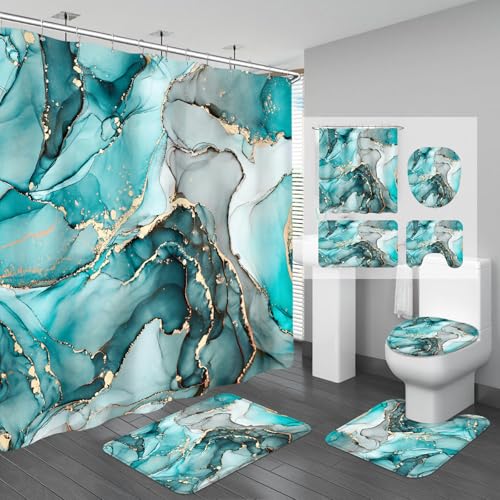 BayNook 4PCS Teal Blue Marble Shower Curtain Sets with Rugs