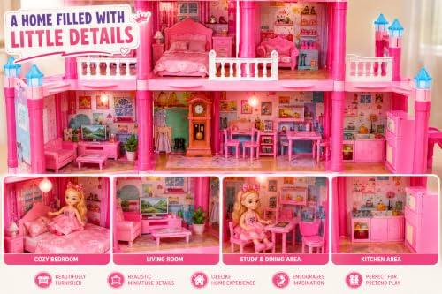 Image of 4-Floor Dollhouse Playset, 11 Rooms, 296 Pieces, Pink Villa