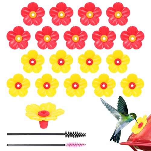 Grevosea 18 Pieces Hummingbird Feeders Replacement Flowers, Pet Hummingbird Feeder Parts Feeding Ports Bird Feeder Replacement Parts with 2 Cleaning Brush for Outdoor Hanging Feeders(Red+Yellow)