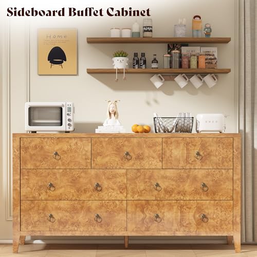 Image of AMERLIFE 61 inch Wide 7-Drawer Dresser, Mid-Century Modern High Gloss Burl Wood Finish Chest of Drawers with Anti-Tip Kit, Storage Organizer for Bedroom, Living Room, Entryway, Office, Yellow