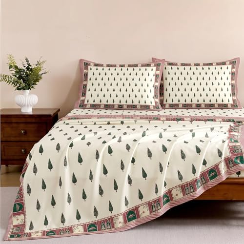 Image of Ishro Home Premium Bedsheet for Double Bed with 2 Pillow Covers - Cloud Cotton Bedsheet, Soft, Silky Smooth & Wrinkle Resistant, Luxury Printed Design (Flat Double Bed Size, Udaipur Grove)