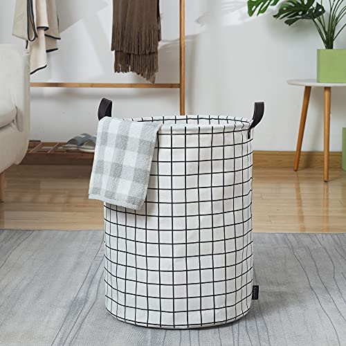 Caroeas 18.0-Inches Thicken Laundry Basket, Waterproof Large Laundry Basket Drawstring Closure, Collapsible Laundry Basket Soft Leather Handles, Laundry Hamper Easy Storage (White Plaid) #TOP4