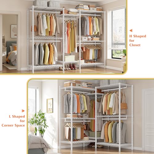 Image of Raybee Clothes Rack, Clothing Racks for Hanging Clothes, L Shaped Clothing Rack for Corner 900LBS Heavy Duty Clothes Rack Garment Rack 74.5 inch W X 18 inch D X 77 inch H, White