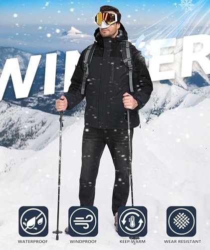 Image of Mens Winter Jackets Waterproof Warm Fleece Ski Jacket with Hood Thermal Windproof Coat Zip Pockets