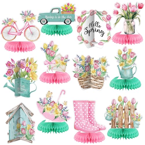 Image of 12 Pcs Spring Party Decorations Hello Spring Theme Party Decorations Flower Tulip Honeycomb Table Centerpieces for Home Office Birthday Honeycomb Supplies Decor