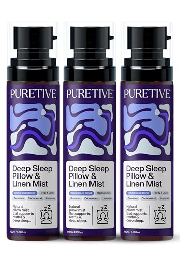 Image of PURETIVE Deep Sleep Pillow Mist Pack of 3 Sleep Mist | Body+Linen+Room | 100% Pure with Essential Oil | Reduce Tension & Restless Sleep | Promotes Restful & rejuvenating sleep | 300ml