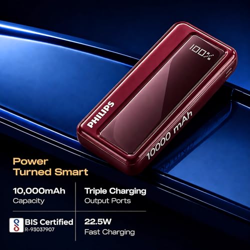 Image of Philips 10000mAh 22.5W Fast Charging Power Bank (Iron Red) with Digital LED Display | Type-C & USB-A Input /Output | 3 Output Ports | Lithium Polymer Battery | Portable for Mobile, Tablet & Earbuds