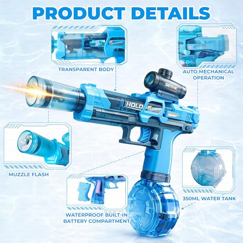 Image of Kidology Electric Water Gun Toy | High-Pressure Water Blaster with Flash Effect, 350ML Large Capacity Drum Tank Long Range Squirt Gun for Kids, Teens & Adults (Ages 14+), Outdoor Summer Toy (Blue)