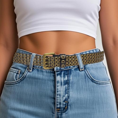 3 Row Studded Genuine Leather Belts for Men Women Unisex Casual 3 Prong Belt for Punk Rock 41-49.21IN Belt for 35"-43" Waist2