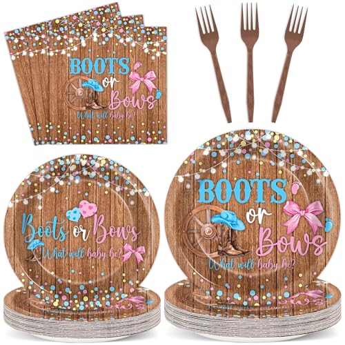 96Pcs Boots or Bows Gender Reveal Decorations Boy or Girl Paper Plates Napkins Blue or Pink Tableware Dinnerware Set Disposable Party Supplies for Baby Shower Gender Reveal Party Favors Serves 24
