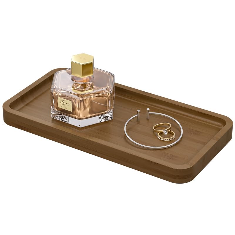 Image of Weenson Small Bathroom Vanity Tray for Countertop Makeup Perfume Jewelry Decor Candle Keys, Bamboo Kitchen Tray for Soap Dispenser Spice, Small Toilet Tray for Sink 7.9 inch L x 4 inch W x 0.79 inch H Brown