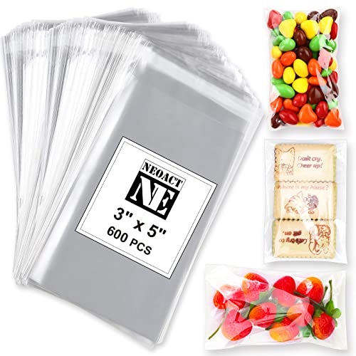 600 Pcs Small Cellophane Bags 3x5 Clear Resealable Cellophane Self Sealing Bags for Candy Bakery Snacks Cookie Jewelry Cello Bag for Party Decorative Gift