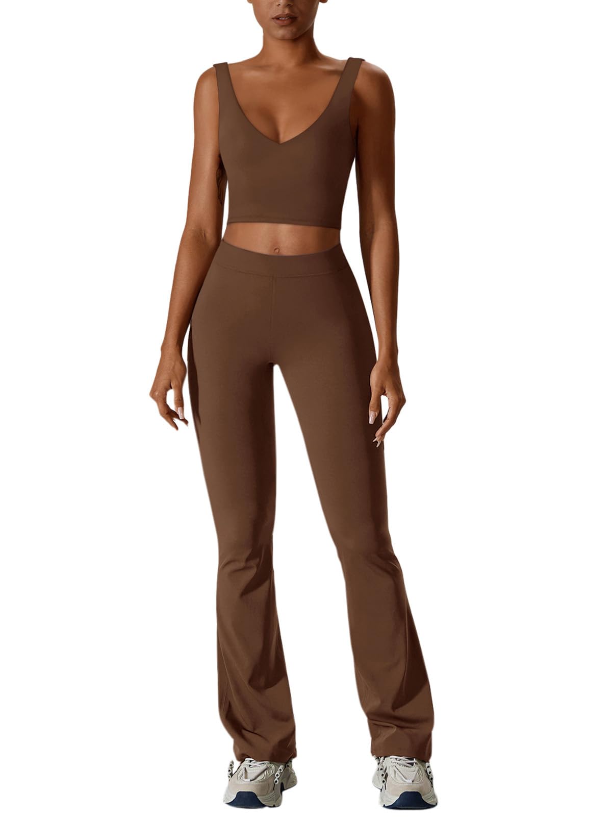 REORIAWomens 2 Piece Workout Sets Athleisure Brethable V Neck Tank Tops Stretchy Flare Pants Matching Sets