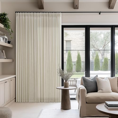 Image of 100 Inch Wide Pinch Pleated Extra Wide Curtain Panels 90 Inch Long | Thick Linen, Patio Sliding Glass Door, Hooks Rings, Semi Sheer, Privacy, Living Room, 100x90, 1 Panel, Oatmeal, Beige