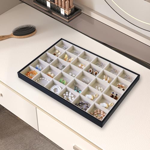 Image of Wudygirl Jewelry Organizer 30 Grid Jewelry Tray with Lid Earring Holder Organizer for Women Ring Earring Bracelet Holder Storage (Pu Black Beige)