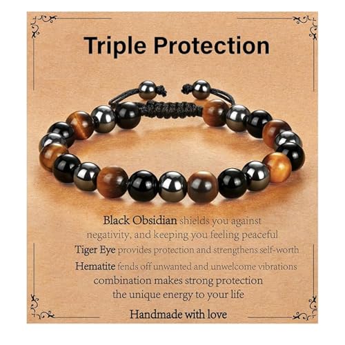 QIANSSE Black Obsidian Hematite Tiger Eye Beaded, 8mm Mens Bracelet Natural Stone Protection Bracelet for Men Triple Protection Mens Jewelry Gifts