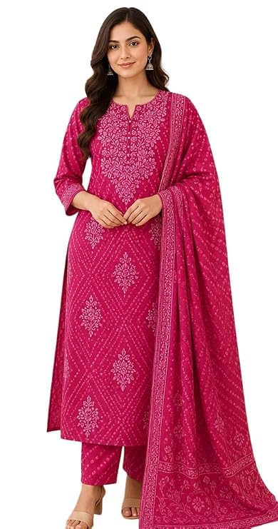 ZYLORA Women's Cotton Bandhani Printed Kurta Pant Dupatta Set | Embroidered Straight Kurta with Pant & Dupatta | Ethnic Wear for Festive, Office, Casual & Daily Wear-image-14