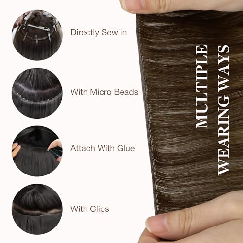Image of GOO GOO Genius Weft Hair Extensions Human Hair, Sew In Weft Extensions, Seamless Blend & No Bulk Flat, Natural Volume for Women, 4 /27 /4 Balayage Chocolate Brown to Caramel Blonde 14 Inch 50g