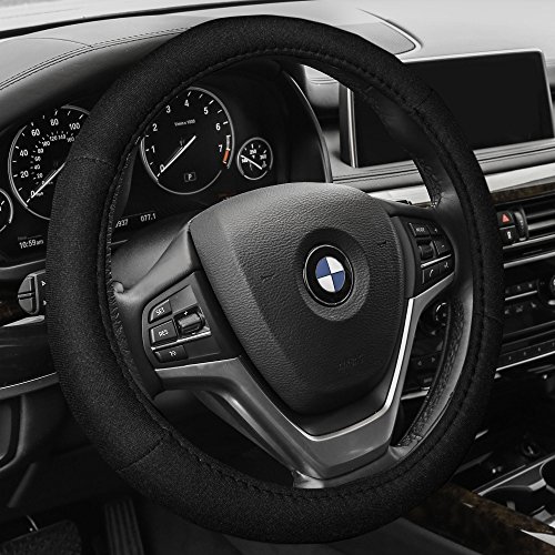 Image of FH Group Universal Fit Modernistic and Seat Belt Pads Combo Set Steering Wheel Cover Fits Most Cars, SUVs Black