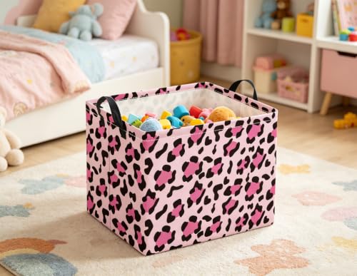 Image of Rectangular Baby Kids Storage Basket for Home Kitchen Girls Cute Toy Storage Bin Organizer Shelf Book Room Decor(Pink Leopard)
