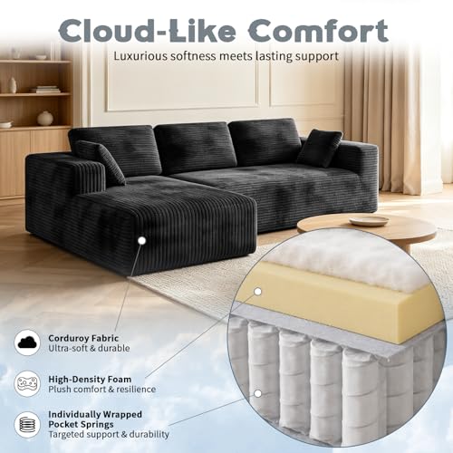Image of 106 inch Corduroy Sectional Couch, Boneless L Shaped Couch with Deep Seat, Cloud Foam Sofa with Oversized Chaise, Sectional Sofa No Assembly Needed for Living Room