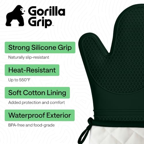 Image of GORILLA GRIP BPA-Free Soft Silicone Oven Mitts, 14.5x8.3, Heat Resistant and Waterproof Cooking Gloves, Thick Cotton Lining, Flexible Gripping for Baking Grilling, Kitchen Potholders Set, Hunter Green