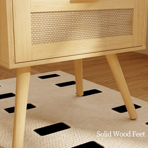 Image of JOONEE Rattan Nightstand,Farmhouse Bedside Table with 2 Storage Drawer and Open Wood Shelf, for Bedroom and Small Spaces,Night Stand with Solid Wood Legs (Yellow Oak)