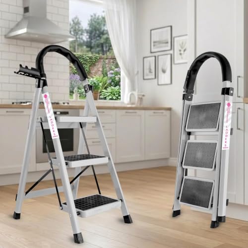 Image of Casa Copenhagen White 3 Step Ladder for Home Use with Built-in Tool Tray | Heavy Duty D Shape Rods | Ultra Large Platform | Wide Rubber Feet | 150Kg Capacity Foldable Ladder - 7 Years Warranty