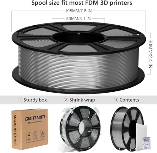 Image of GIANTARM PETG Filament 1.75mm 1Kg(2.2lb), Silver PETG Filament for 3D Printer, ±0.02mm Accuracy, High Precision, Strong Toughness, Neatly Wound & Moistureproof, Non-Clogging & Non-Stringing, Silver