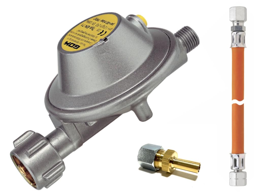 GOK Régulateur de gaz EN71 pour caravane et camping-car 30 mbar 1,2 kg/h avec tuyau de gaz et adaptateur 8 et 10 mm