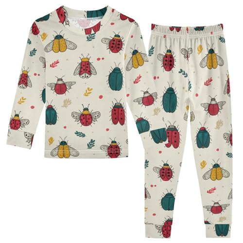 Pajama Sets Long Sleeve Bugs Pattern with Leaves Soft Comfy Sleepwear 2 Piece PJS 3-8T