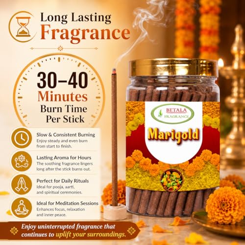 Image of Betala Fragrance Marigold Flavour Dhoop Sticks, 200 g Dhup Batti Stick with Stick Stand Holder, Bamboo Less & Non Charcoal (Marigold)