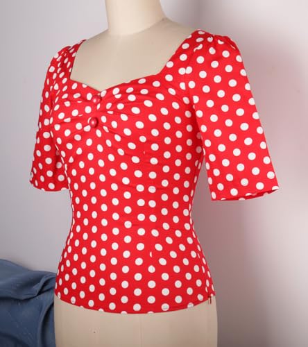 YARN & INK Women's 1950s Pinup Tops, Rockabilly Vintage Blouse Medium Sleeves Sweetheart V-Neck Shirt3