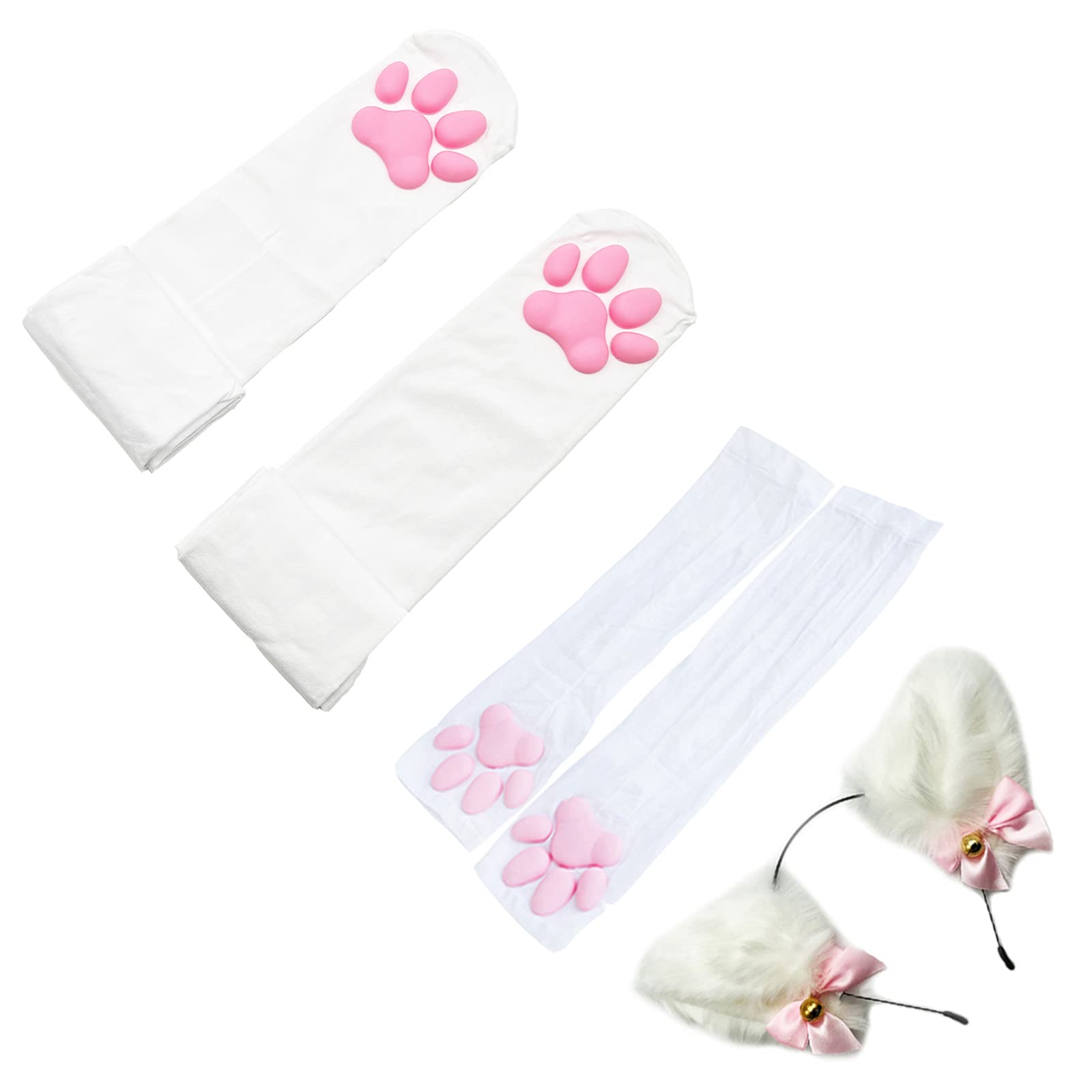 Ztvowto Girls White-3 Cute Cat Paw Pad Thigh High Cosplay Socks With Pink 3D Kitten Claw Mittens Long Fingerless Gloves For Women(White-3)