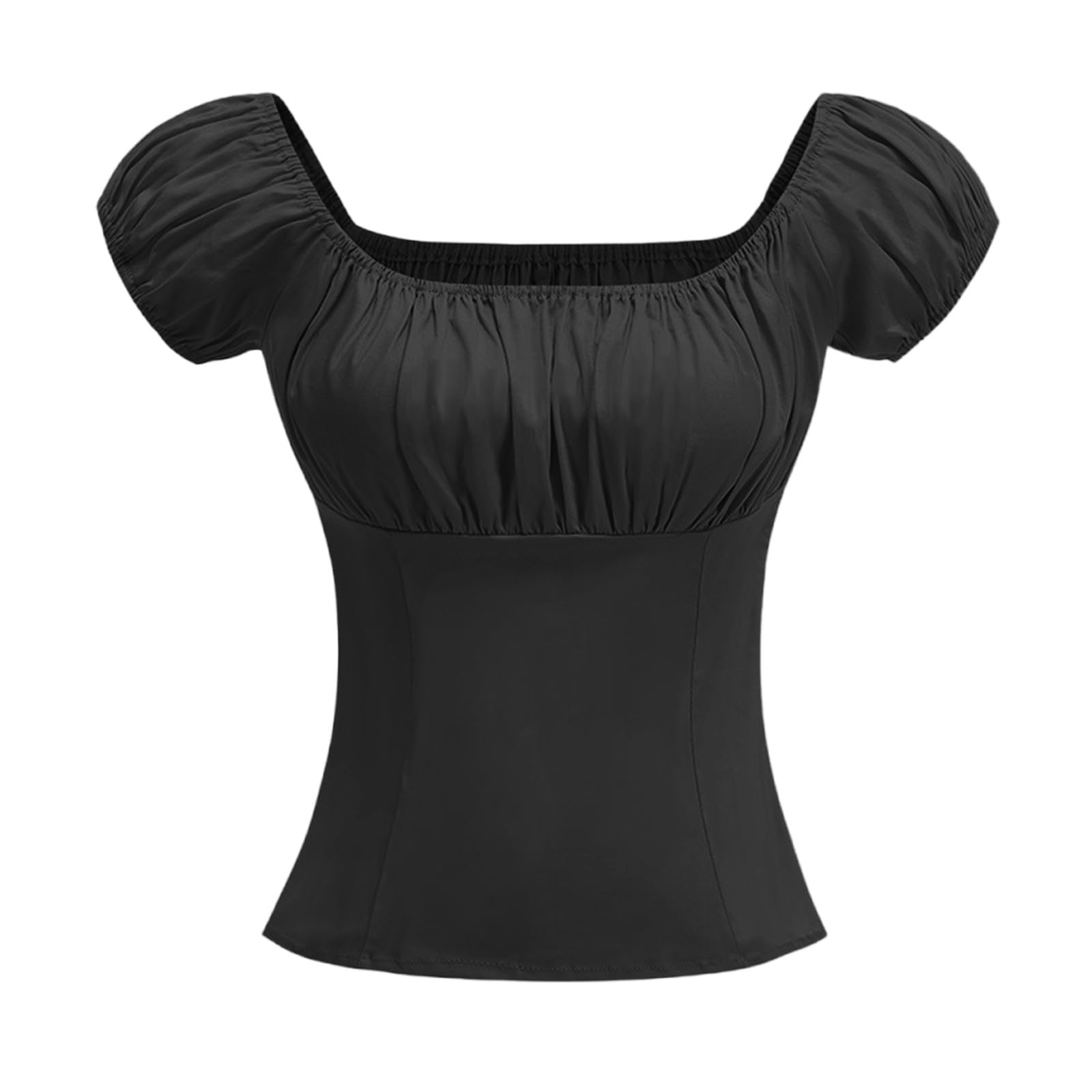 RLEHJN Womens Summer Tops 1950s Vintage Pinup Corset Tops Short Sleeve Crop Top Smocked Blouses Lace-up Off Shoulder Renaissance Medieval Pirate Shirts Puff Sleeve Blouse Size S-XXL Black