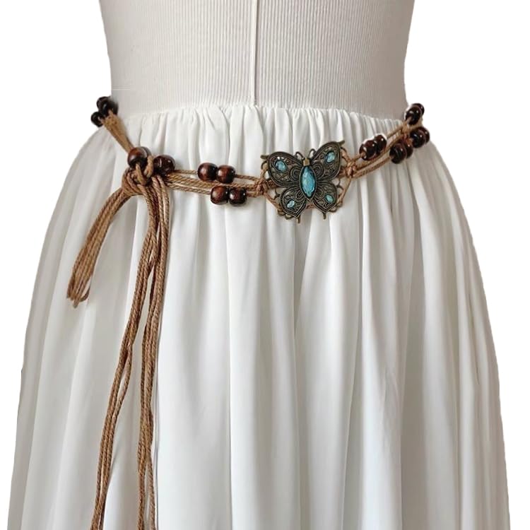 Vanrose Jan Women's Bohemian Butterfly Alloy Belt Hand Woven Belts Boho Tassel Wooden Bead Rope Braid Waistband Coffee