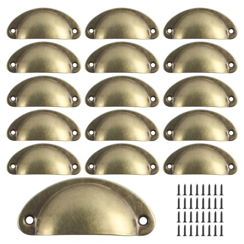 VARHHUXHA Mussla handtag vintage, 16 stycken handtag, skåp, lådhandtag med skruvar, möbelhandtag, köksskåp, handtag, lådknappar – gul brons