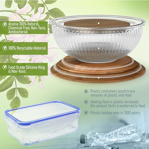 Set de 3 tazones de vidrio apilables con tapas de acacia miniatura 5