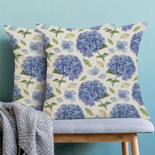 Image of AEIOAE Spring Floral Pillow Covers 18x18 Inch Set of 2, Blue Green Hydrangea Flower Leaves Throw Pillows Case,Summer Outdoor Seasonal Decorative Farmhouse Decor Cushion Covers for Home Sofa Bed Couch