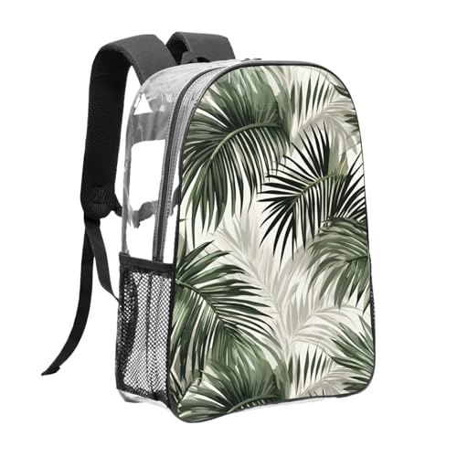 transparent palm leaf pattern Print Work Travel Stadium Events Transparent Backpack PVC Clear Bag Large Side Pockets3