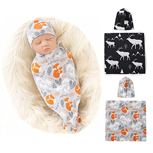 Image of Galabloomer Newborn Swaddle Blanket with Beanie Set Baby Boy Receiving Blanket Rainbow (Deer& White Fox)