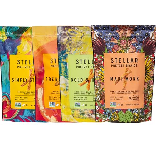 Stellar Snacks Pretzel Braids, 4 Flavor 12 Oz Bag Variety Pack, Maui Monk, Simply Stellar, Bold &...