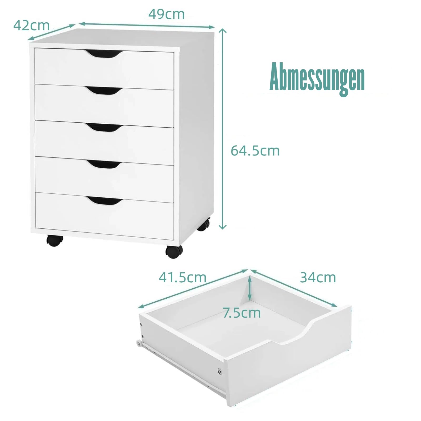 KOMFOTTEU Rollcontainer mit Schubladen, mobiler Aktenschrank Schubladenschrank mit Räder, Bürowagen Druckerständer weiß, Büroschrank für Akten, Dokumente, 49x42x66cm (Weiß)